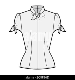 Knotted cutout blouse technical fashion illustration with high neckline, puffed volume sleeves, back zip fastening. Flat apparel template front, grey color. Women men unisex garment CAD mockup Stock Vector