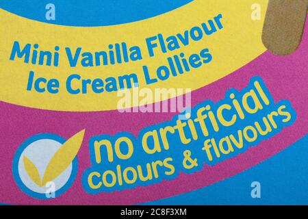 No artificial colours & flavours detail on box of Barratt Flumps Mini Vanilla Flavour Ice Cream Lollies Stock Photo