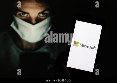 In this photo illustration a Microsoft logo seen displayed on a smartphone. Stock Photo
