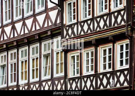 Close-up view from the facades of medieval half-timbered houses in Hann. Muenden, Germany Stock Photo