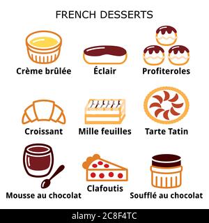 French dessert, pastry and cakes icons - creme brulee, chocolate mousse, souffle Stock Vector