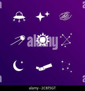astronomy icon set vector, include UFO, stars, black hole, satelitte, sun, outline with stars, cresent moon, flat design simple Stock Vector