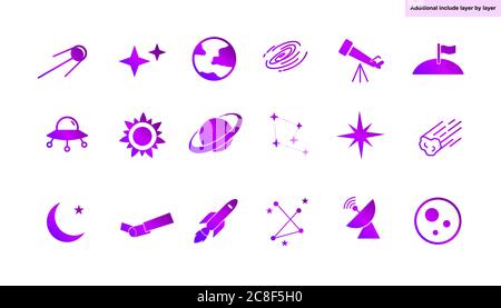 astronomy icon set vector, include UFO, stars, saturn, blackhole, telescope, landing flag, sun, earth, aries, moon, rocket, transmitter, and comet, fl Stock Vector
