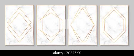 Luxury posters set with white marble texture and gold polygonal frames. Stock Vector