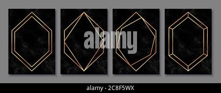 Luxury posters set with black marble texture and gold polygonal frames. Stock Vector