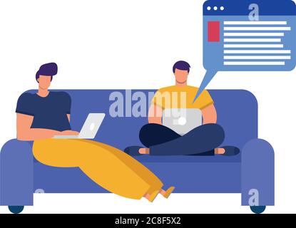 young men using laptops in sofa connecting technology character vector illustration design Stock Vector