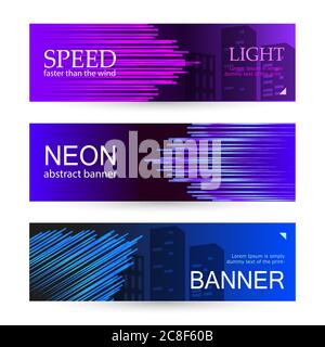 Set of horizontal dark banners with glowing stripes of purple, blue and pink. Universal template with empty place for text. Abstract vector background Stock Vector