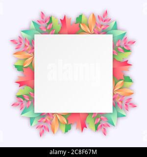 White rectangular frame with colorful autumn leaves in paper cut style. Stock Vector