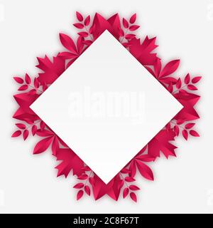 White rhombus frame with burgundy autumn leaves in paper cut style. Stock Vector
