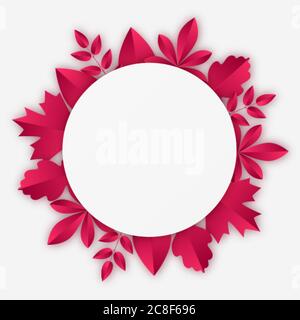 White circular frame with burgundy autumn leaves in paper cut style. Stock Vector