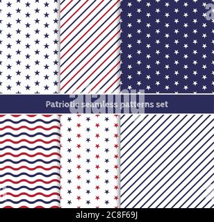Patriotic American seamless patterns set with stripes and stars in traditional red, blue and white colors. Stock Vector