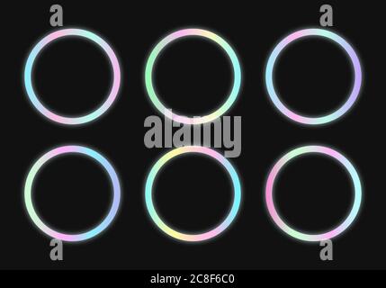 Circular holographic frames set in psychedelic vaporwave style. Stock Vector