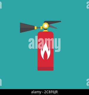 Red fire extinguisher isolated on blue background. fafety, danger, help. flat vector icon. Stock Vector