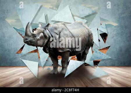 Rhino in the room, photo and media mixed creative concept Stock Photo