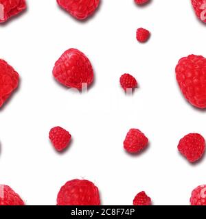 seamless raspberry pattern isolated on white background. Flat lay. Top view. Food background with summer berries. Creative minimalism Stock Photo