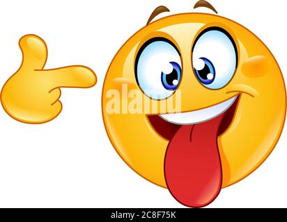 Crazy face emoji emoticon with tongue out pointing to his head Stock Vector