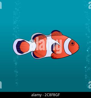 cute fish clown on sea background with bubbles cartoon Stock Vector