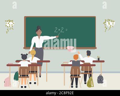 Female math teacher explaining multiplication to elementary school pupils or children near chalkboard. Young woman teaching mathematics or arithmetic Stock Vector