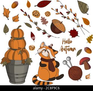 Thanksgiving day illustration. Hello, Autumn. Autumn stickers. Vector set. Stock Vector