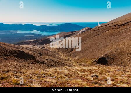 Looking north toward Lake Rotoaira from the Tongariro Alpine Crossing track, New Zealand Stock Photo