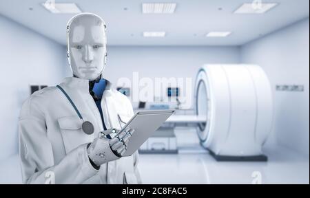 Medical technology concept with 3d rendering doctor robot with mri scan machine Stock Photo