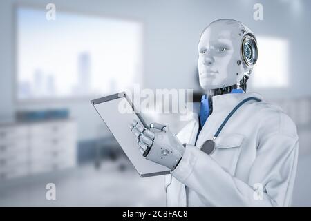Medical technology concept with 3d rendering doctor robot diagnose in hospital Stock Photo