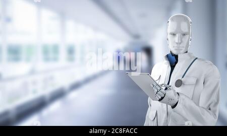 Medical technology concept with 3d rendering doctor robot diagnose in hospital Stock Photo