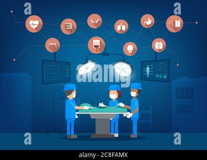 Surgeon team in surgery room with medical icons flat design vector illustration Stock Vector