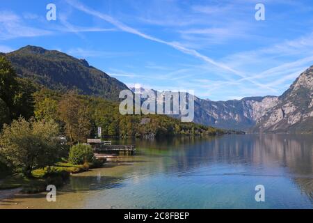 Bohinj lake shore with mountain views in Slovenia