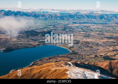 Wanaka township and Lake Wanaka, as seen from Roys Peak, New Zealand Stock Photo