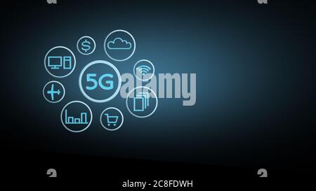 5G network wireless systems and internet of things with abstract connected dots wireless communication network on space background. A hologram of apps Stock Photo