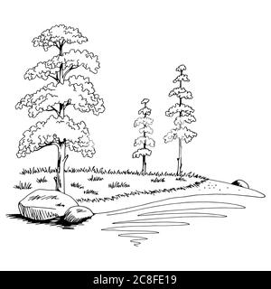 Lake tree graphic black white landscape sketch illustration vector ...