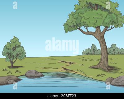 Park lake tree graphic color landscape sketch illustration vector Stock Vector