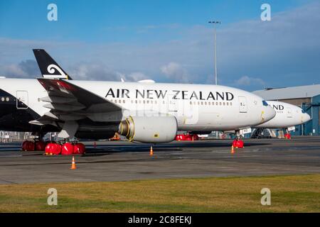 Boeing 777s in storage at Christchurch Airport, New Zealand, during the coronavirus pandemic Stock Photo
