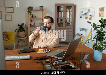 Calm handsome bearded designer sitting at desk with computers and drinking coffee in home office Stock Photo