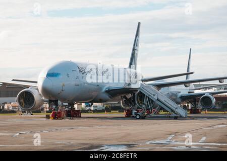 Boeing 777s in storage at Christchurch Airport, New Zealand, during the coronavirus pandemic Stock Photo