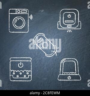 Chalkboard house gadgets and pet care icon set. Sketch symbols on blackboard. Pet feeder, auto litter box, smart washer and robot vacuum cleaner. Vect Stock Vector