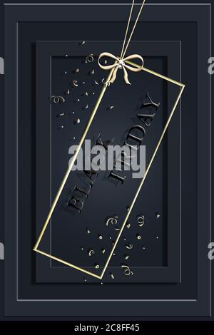 Black Friday text of black letters on black background with frames and gold confetti, vertical banner, design template. Copy space, creative background. 3D illustration Stock Photo