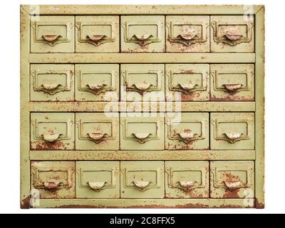 Vintage rusted cabinet with metal filing drawers isolated on a white background Stock Photo