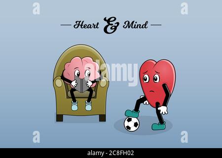 Heart wants to play but mind is busy reading a book. Vector simple illustration Stock Vector
