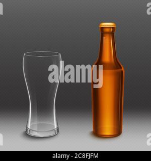 Beer bottle and empty tall glass. Vector realistic mockup of blank lager or dark beer bottle from brown glass with golden cap and clear mug. Template of alcohol beverage design Stock Vector