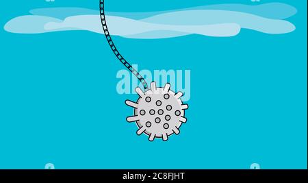 Funny coronavirus banner illustration of house and economy demolition. Backdrop with copy space. Stock Vector