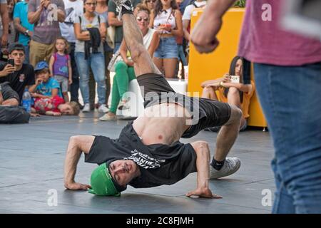 Street dancer performing during action sports festival in Vigo in the province of Pontevedra (Spain), part of the autonomous community of Galicia. Stock Photo