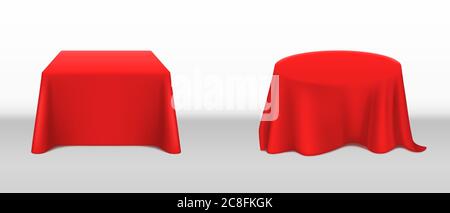 Red tablecloth on square and round tables. Vector realistic mockup of empty dining desk with blank linen cloth with drapes for banquet, restaurant, holiday event or dinner. Template with fabric cover Stock Vector