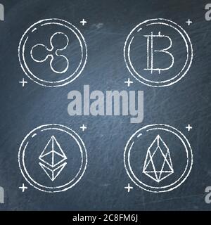 Chalkboard cryptocurrency icon set in line style. Altcoins and bitcoin. Ethereum ETH, Ripple and EOS digital coins. Vector illustration. Stock Vector