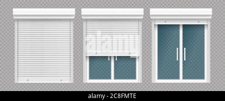 Plastic window with rolling shutter isolated on transparent background. Vector realistic set of closed and open roller up for glass window, white blind for office or shopfront Stock Vector