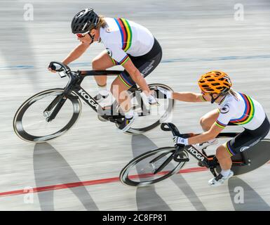 ASSEN, NETHERLANDS - JULY 23: Kirsten Wild, Amy Pieters of track cycling team Holland seen during a track training on the open oval  on July 23, 2020 in Assen, The Netherlands. Stock Photo
