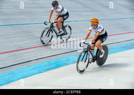 ASSEN, NETHERLANDS - JULY 23: Kirsten Wild, Amy Pieters of track cycling team Holland seen during a track training on the open oval  on July 23, 2020 in Assen, The Netherlands. Stock Photo