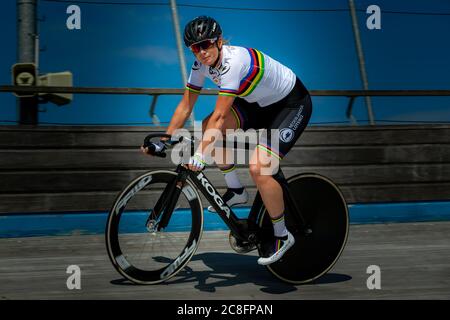 ASSEN, NETHERLANDS - JULY 23: Kirsten Wild of track cycling team Holland seen during a track training on the open oval  on July 23, 2020 in Assen, The Netherlands. Stock Photo