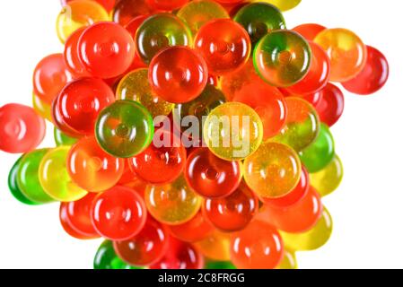 Candy background. Close up. Top view. Colorful green, red and yellow sweetmeats candies background. Stock Photo